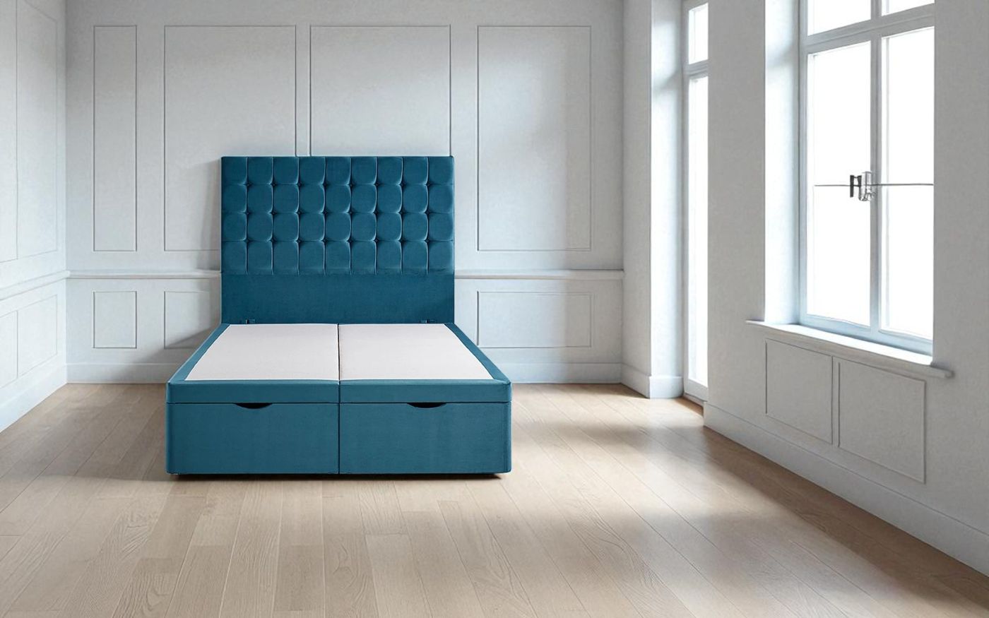 Studio product photo of a teal fabric divan bed base with two storage drawers